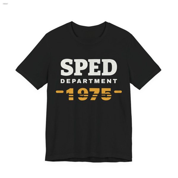 SPED Department · 1975 tee in black, off-white and mustard gold ink