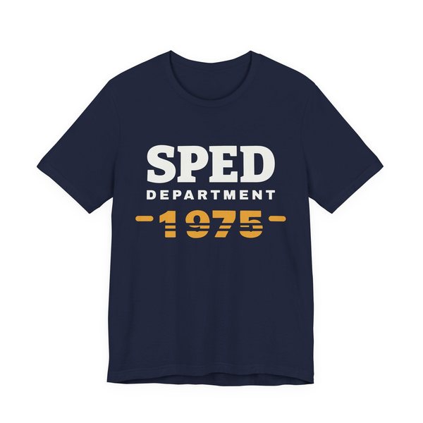 SPED Department · 1975 tee in navy, off-white and mustard gold ink