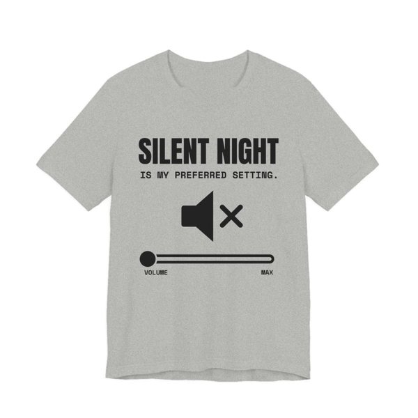 Athletic Heather t-shirt printed in dark ink with a muted speaker icon, a volume slider at zero and the words “Silent Night Is My Preferred Setting.”