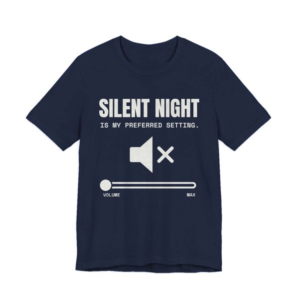 Navy t-shirt printed in off-white ink with a muted speaker icon, a volume slider at zero and the words “Silent Night Is My Preferred Setting.”