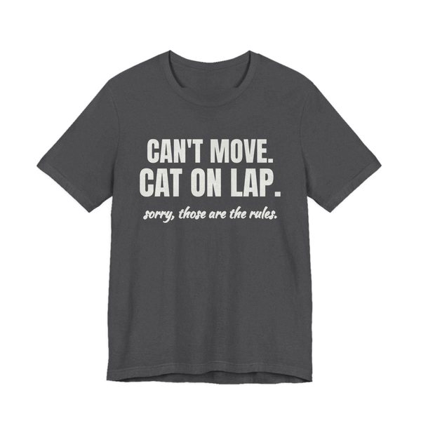 Dark Grey Heather t-shirt printed in off-white ink with the words “Can't Move. Cat on Lap.”