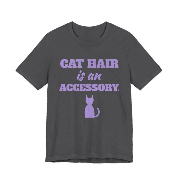 Dark Grey Heather t-shirt printed in lavender ink with a cat silhouette and the words “Cat Hair Is an Accessory.”