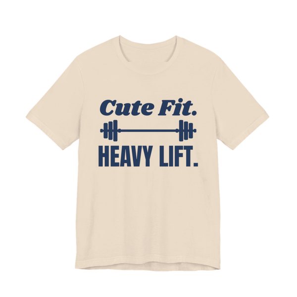 Soft Cream t-shirt printed in navy blue ink with a barbell between the words "Cute Fit." and "Heavy Lift."