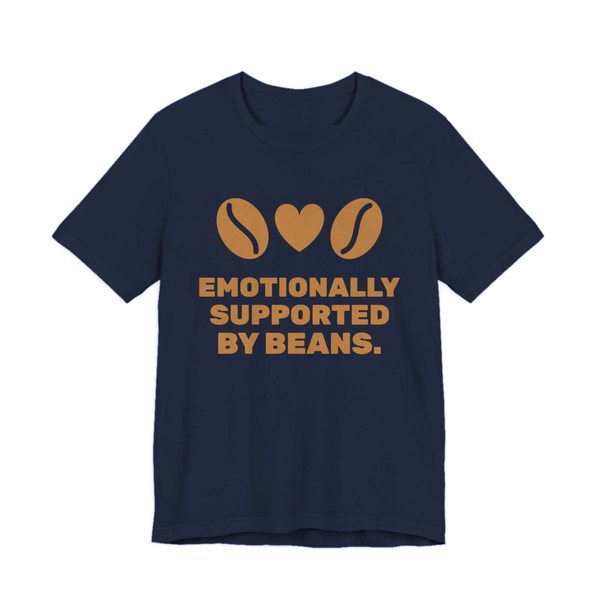 Navy t-shirt printed in caramel ink with two coffee beans and a heart and the words “Emotionally Supported by Beans.”