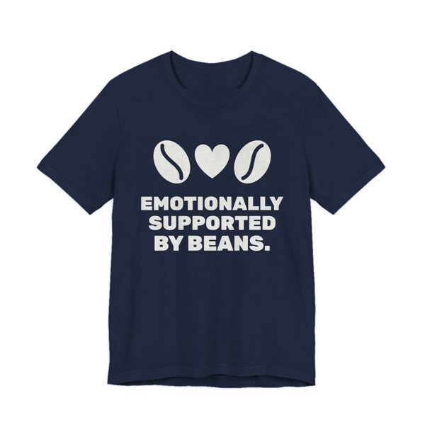Navy t-shirt printed in off-white ink with two coffee beans and a heart and the words “Emotionally Supported by Beans.”