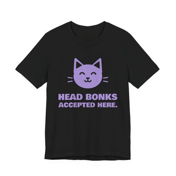 Black t-shirt printed in lavender ink with a cat face and the words “Head Bonks Accepted Here.”