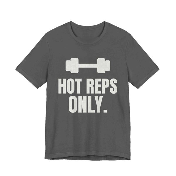 Asphalt t-shirt printed in off-white ink with a dumbbell and the words "Hot Reps Only."
