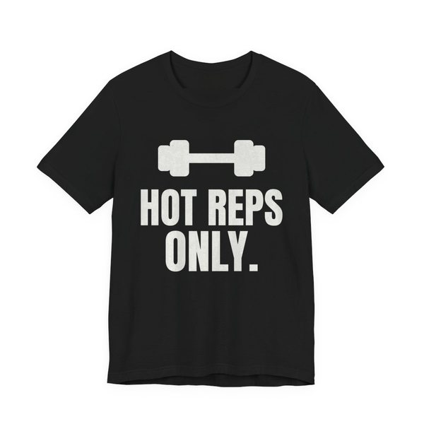 Black t-shirt printed in off-white ink with a dumbbell and the words "Hot Reps Only."