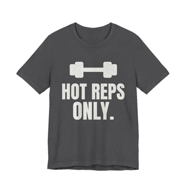 Dark Grey Heather t-shirt printed in off-white ink with a dumbbell and the words "Hot Reps Only."