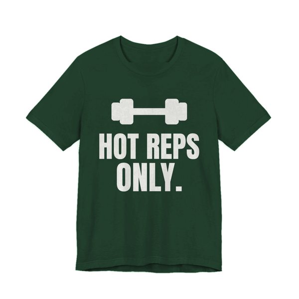 Forest t-shirt printed in off-white ink with a dumbbell and the words "Hot Reps Only."