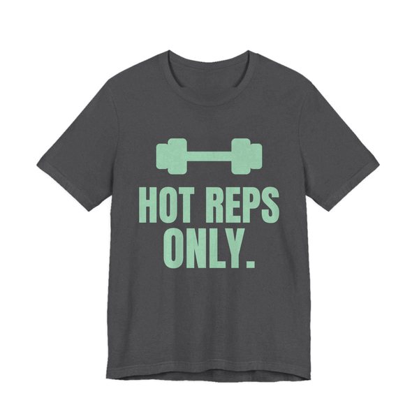 Dark Grey Heather t-shirt printed in mint green ink with a dumbbell and the words "Hot Reps Only."
