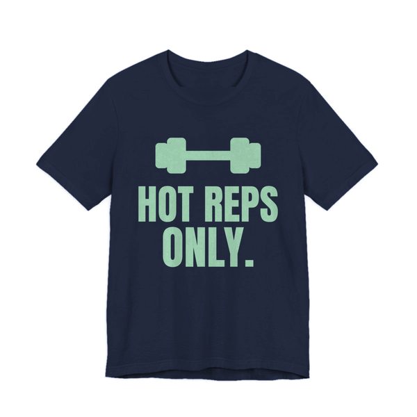 Navy t-shirt printed in mint green ink with a dumbbell and the words "Hot Reps Only."