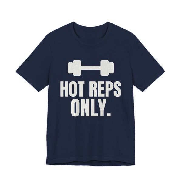 Navy t-shirt printed in off-white ink with a dumbbell and the words "Hot Reps Only."