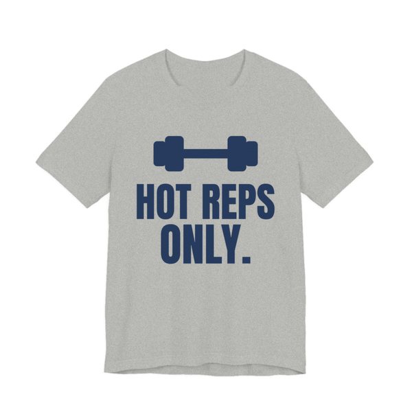 Athletic Heather t-shirt printed in navy blue ink with a dumbbell and the words "Hot Reps Only."