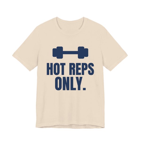 Soft Cream t-shirt printed in navy blue ink with a dumbbell and the words "Hot Reps Only."