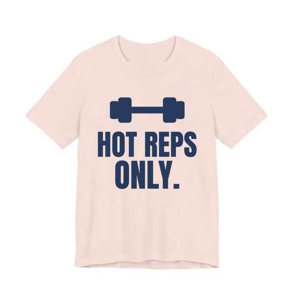 Soft Pink t-shirt printed in navy blue ink with a dumbbell and the words "Hot Reps Only."