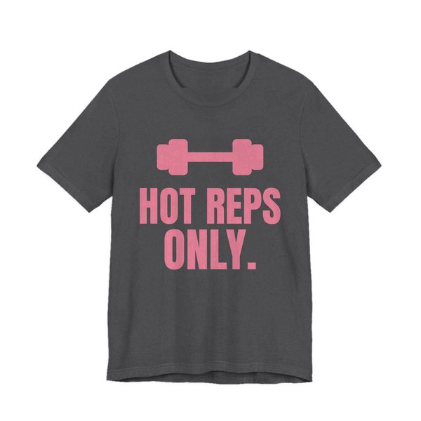 Dark Grey Heather t-shirt printed in rose pink ink with a dumbbell and the words "Hot Reps Only."