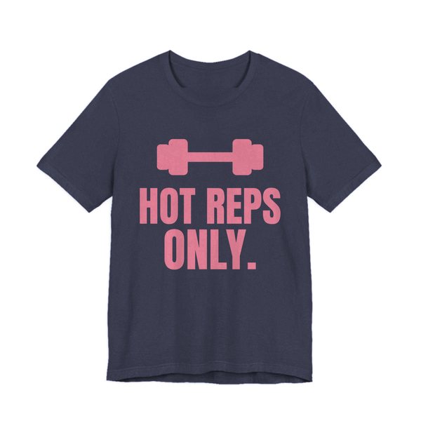 Heather Navy t-shirt printed in rose pink ink with a dumbbell and the words "Hot Reps Only."