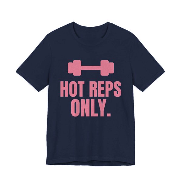 Navy t-shirt printed in rose pink ink with a dumbbell and the words "Hot Reps Only."