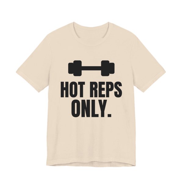 Soft Cream t-shirt printed in dark ink with a dumbbell and the words "Hot Reps Only."