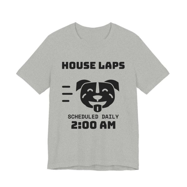 Athletic Heather t-shirt printed in dark ink with a pit bull face mid-sprint and the words “House Laps. Scheduled Daily, 2:00 AM.”