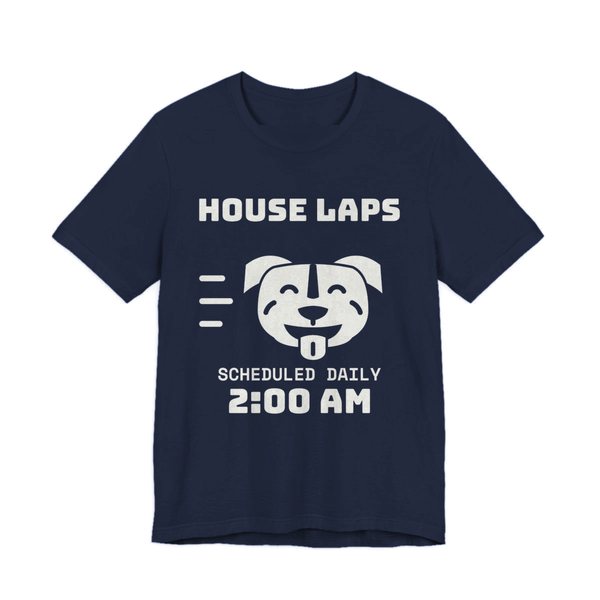 Navy t-shirt printed in off-white ink with a pit bull face mid-sprint and the words “House Laps. Scheduled Daily, 2:00 AM.”