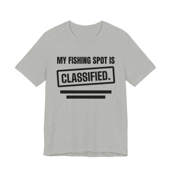 Athletic Heather t-shirt printed in dark ink with a stamp box, redaction bars and the words “My Fishing Spot Is Classified.”