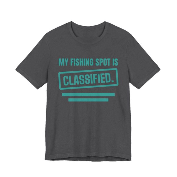 Dark Grey Heather t-shirt printed in teal ink with a stamp box, redaction bars and the words “My Fishing Spot Is Classified.”