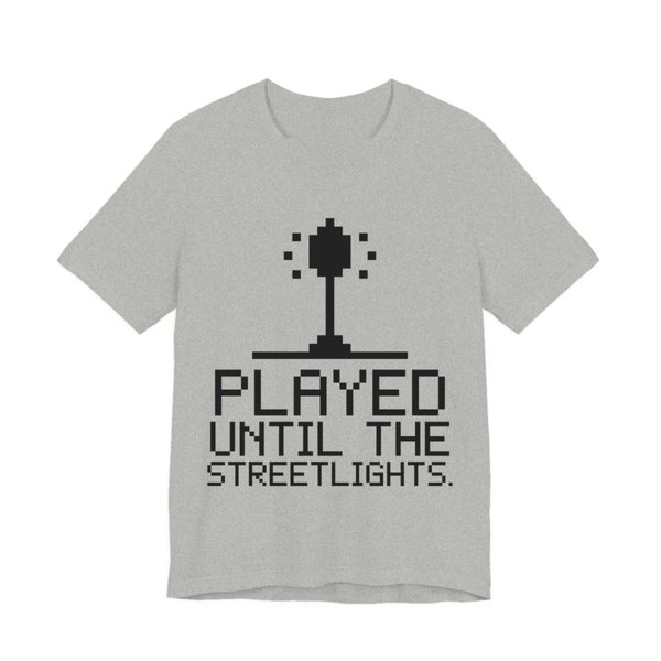 Athletic Heather t-shirt printed in dark ink with a pixel streetlight and the words “Played Until the Streetlights.”