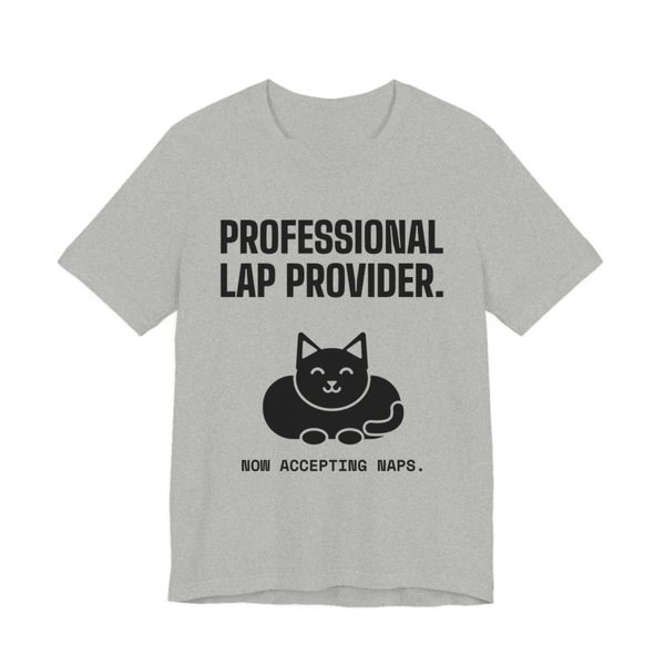 Athletic Heather t-shirt printed in dark ink with a loaf-shaped cat and the words “Professional Lap Provider.”