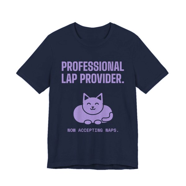 Navy t-shirt printed in lavender ink with a loaf-shaped cat and the words “Professional Lap Provider.”
