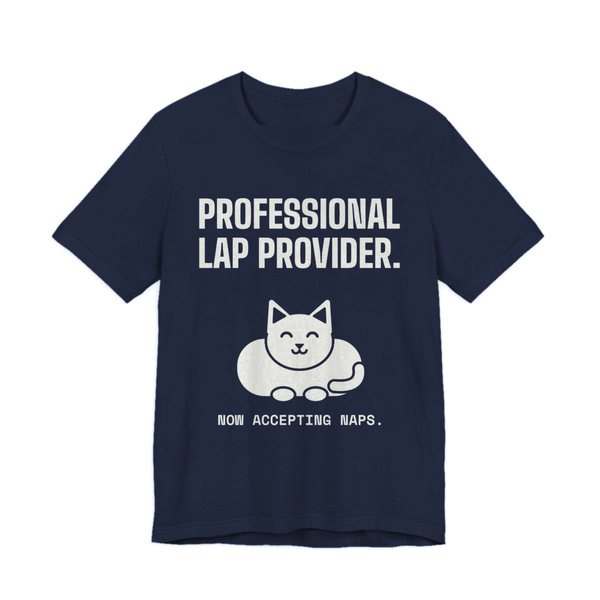 Navy t-shirt printed in off-white ink with a loaf-shaped cat and the words “Professional Lap Provider.”