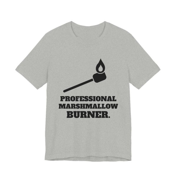 Athletic Heather t-shirt printed in dark ink with a flaming marshmallow on a stick and the words “Professional Marshmallow Burner.”