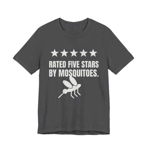 Dark Grey Heather t-shirt printed in off-white ink with five stars, a mosquito and the words “Rated Five Stars by Mosquitoes.”
