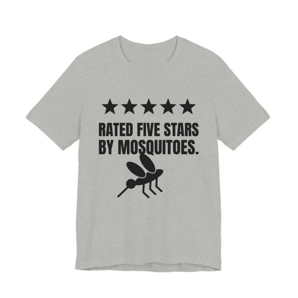 Athletic Heather t-shirt printed in dark ink with five stars, a mosquito and the words “Rated Five Stars by Mosquitoes.”