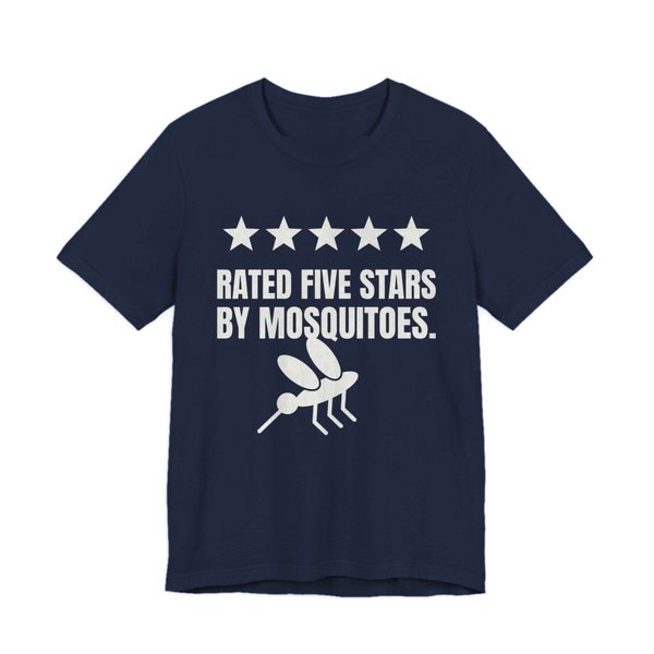 Navy t-shirt printed in off-white ink with five stars, a mosquito and the words “Rated Five Stars by Mosquitoes.”