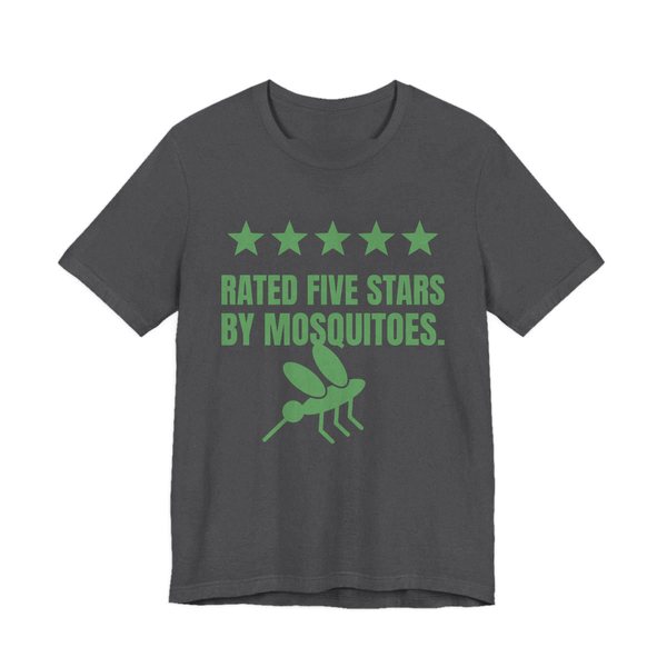 Dark Grey Heather t-shirt printed in pine green ink with five stars, a mosquito and the words “Rated Five Stars by Mosquitoes.”