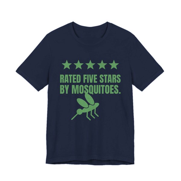Navy t-shirt printed in pine green ink with five stars, a mosquito and the words “Rated Five Stars by Mosquitoes.”