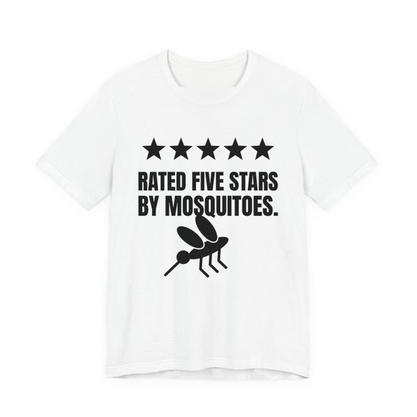 White t-shirt printed in dark ink with five stars, a mosquito and the words “Rated Five Stars by Mosquitoes.”