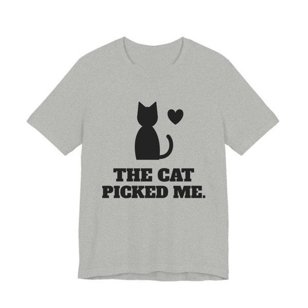 Athletic Heather t-shirt printed in dark ink with a sitting cat with a heart and the words “The Cat Picked Me.”