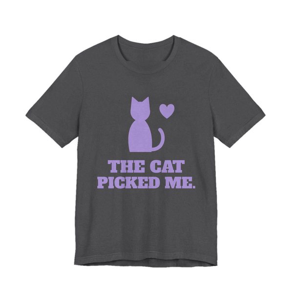 Dark Grey Heather t-shirt printed in lavender ink with a sitting cat with a heart and the words “The Cat Picked Me.”