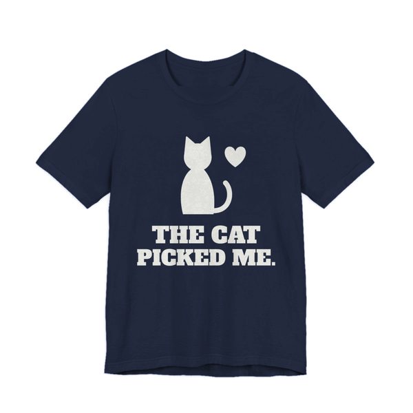 Navy t-shirt printed in off-white ink with a sitting cat with a heart and the words “The Cat Picked Me.”