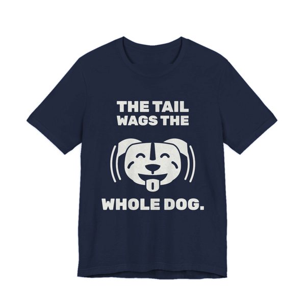 Navy t-shirt printed in off-white ink with a wiggling pit bull face and the words “The Tail Wags the Whole Dog.”