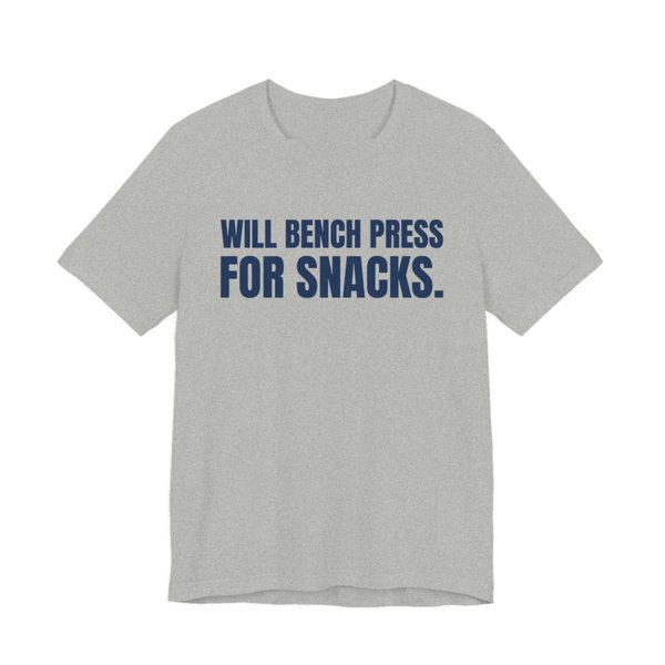 Athletic Heather t-shirt printed in navy blue ink with the words "Will Bench Press for Snacks."