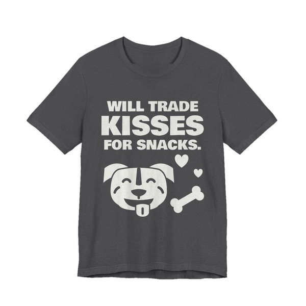 Dark Grey Heather t-shirt printed in off-white ink with a pit bull face with a bone and hearts and the words “Will Trade Kisses for Snacks.”