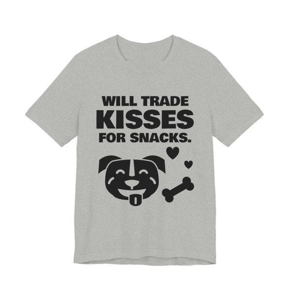 Athletic Heather t-shirt printed in dark ink with a pit bull face with a bone and hearts and the words “Will Trade Kisses for Snacks.”