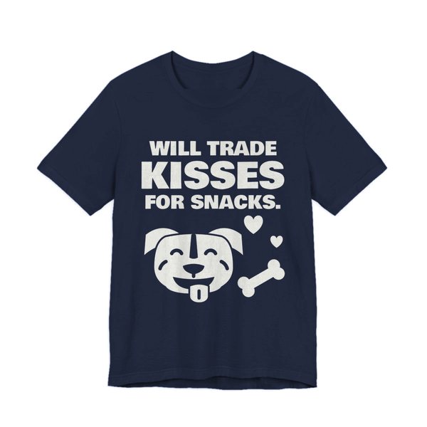 Navy t-shirt printed in off-white ink with a pit bull face with a bone and hearts and the words “Will Trade Kisses for Snacks.”