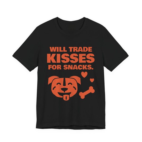 Black t-shirt printed in orange ink with a pit bull face with a bone and hearts and the words “Will Trade Kisses for Snacks.”