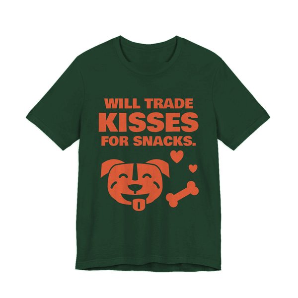 Forest t-shirt printed in orange ink with a pit bull face with a bone and hearts and the words “Will Trade Kisses for Snacks.”