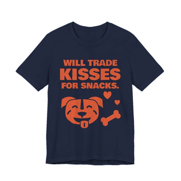 Navy t-shirt printed in orange ink with a pit bull face with a bone and hearts and the words “Will Trade Kisses for Snacks.”